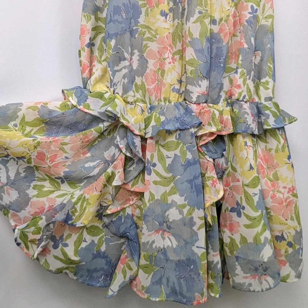 Ralph Lauren Chiffon Dress Watercolor Floral Ruffle Flutter Sleeve Cottagecore 7